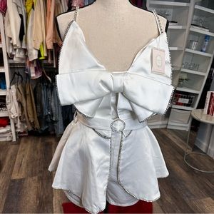 White Satin Bow-Front Shorts Set